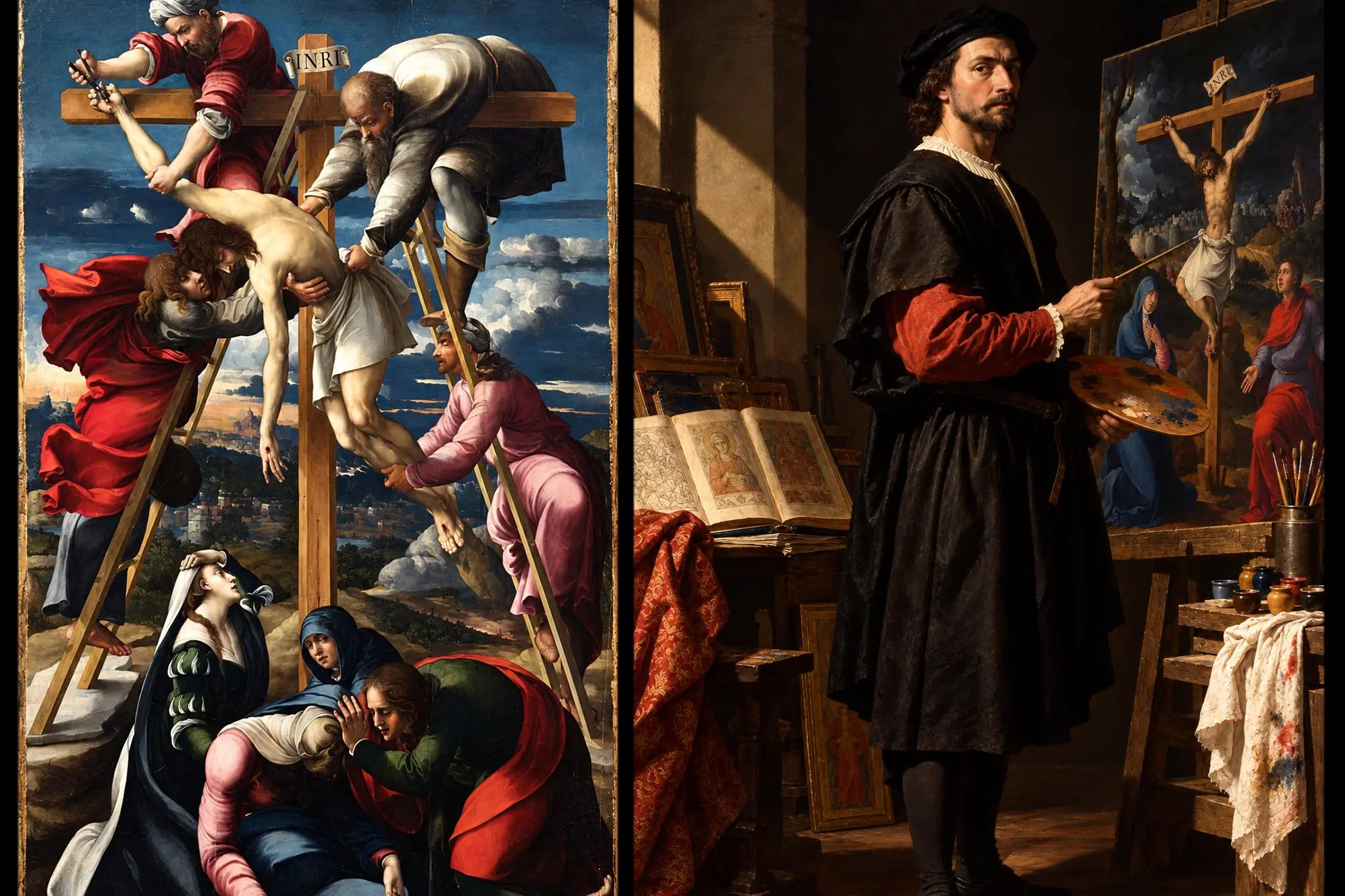 Da sinistra "Discendimento" opera del 1590 circa custodita presso il Museo Diocesano di Arte Sacra di Ozieri e un immagginario ritratto di Andrea Sanna (IA)