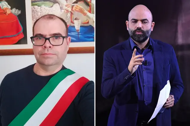Il sindaco di Desulo Gian Cristian Melis (a sinistra) e Roberto Saviano (foto Ansa)