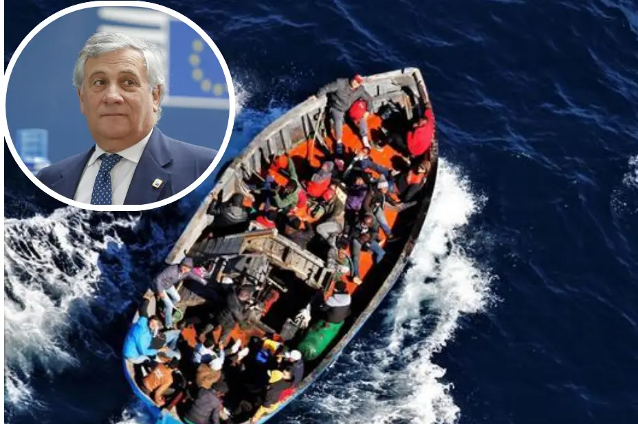 Un barchino e, nel tondo, il ministro Tajani (Ansa)