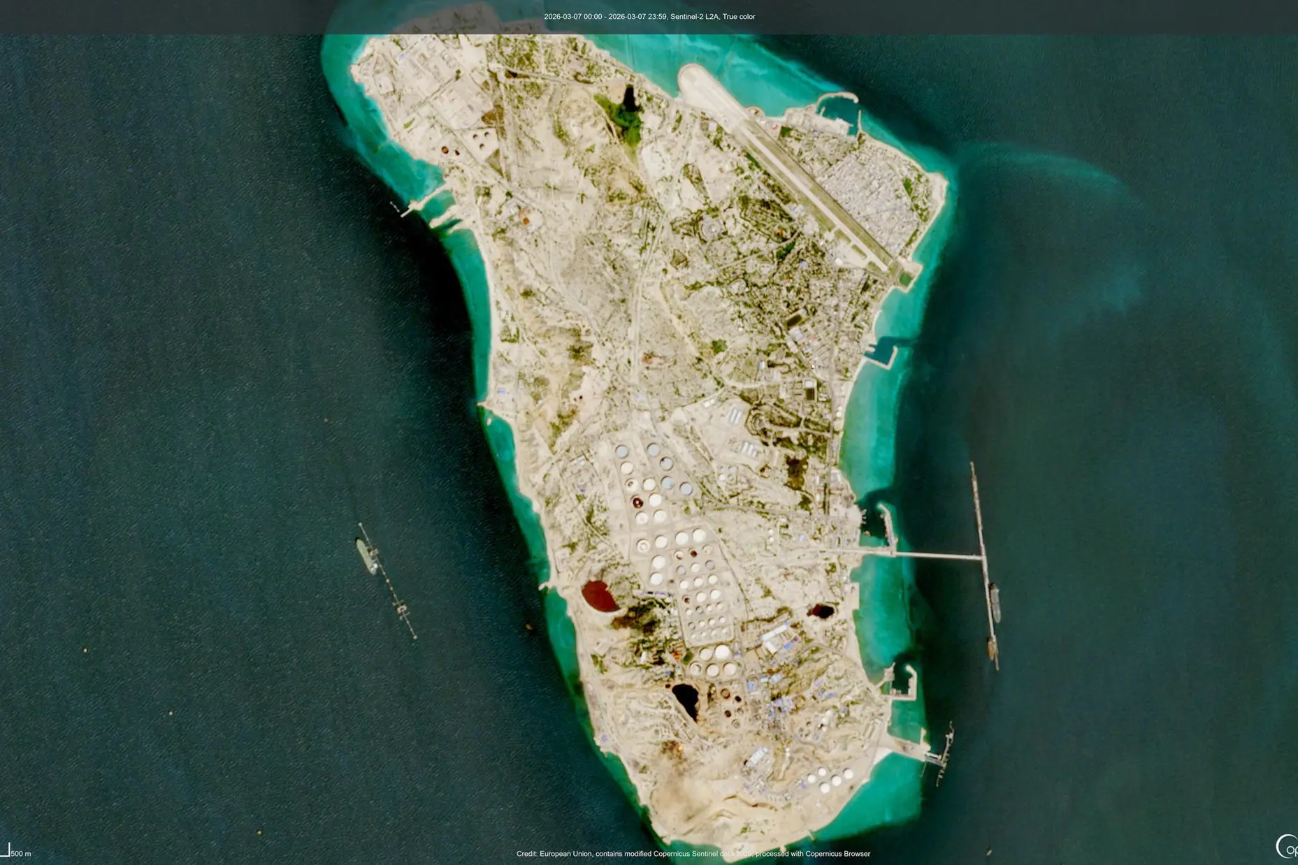epa12819148 A handout satellite image made available by Copernicus, the European Union's Earth Observation Programme, on 14 March 2026 shows Kharg island, Iran, 07 March 2026. US President Trump said that the US conducted military strikes on 13 March 2026, targeting military facilities on the island in the northern Persian Gulf. EPA/EUROPEAN UNION, COPERNICUS SENTINEL-2 IMAGERY HANDOUT -- MANDATORY CREDIT: EUROPEAN UNION, contains modified Copernicus Sentinel data 2026 -- HANDOUT EDITORIAL USE ONLY/NO SALES/NO ARCHIVES
