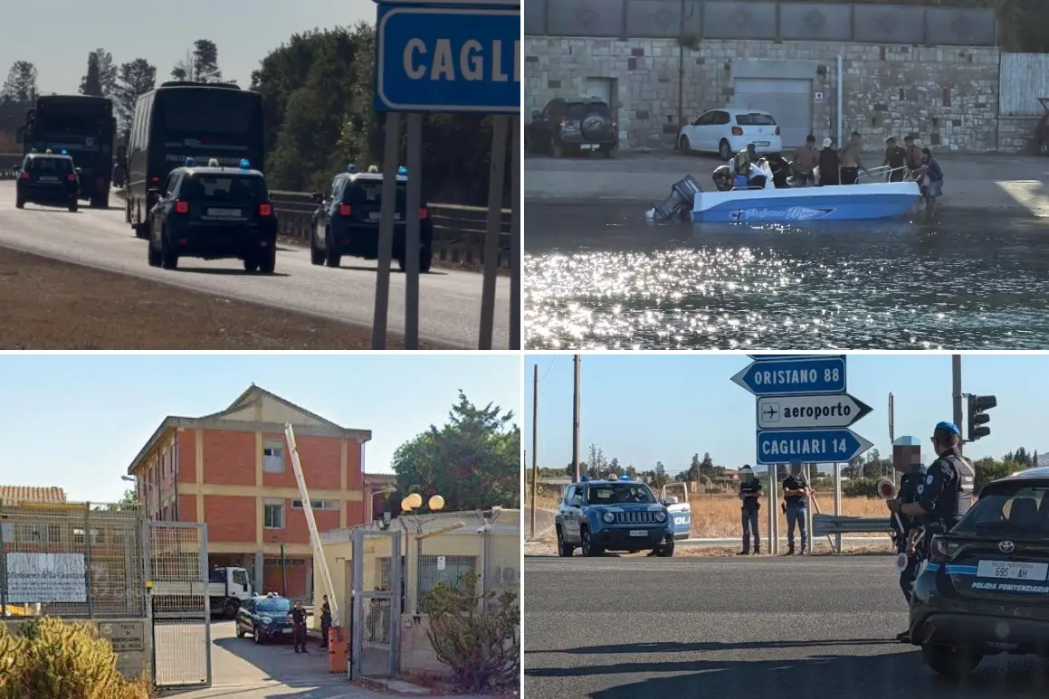 In alto, a sinistra l'arrivo dei detenuti al 41 bis a Uta e a destra uno sbarco di migranti a Porto Pino. Sotto, a sinistra il centro di accoglienza di Monastir e a destra controlli della polizia per l'arrivo dei detenuti al 41 bis a Uta