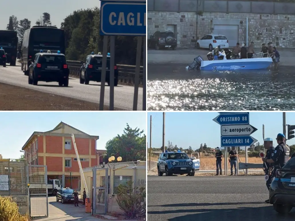 Fortsetzung der Landungen, 41 Bis in Uta und Sicherheitslage: „Sardische Polizei am Zusammenbruch“ In alto, a sinistra l'arrivo dei detenuti al 41 bis a Uta e a destra uno sbarco di migranti a Porto Pino. Sotto, a sinistra il centro di accoglienza di Monastir e a destra controlli della polizia per l'arrivo dei detenuti al 41 bis a Uta
