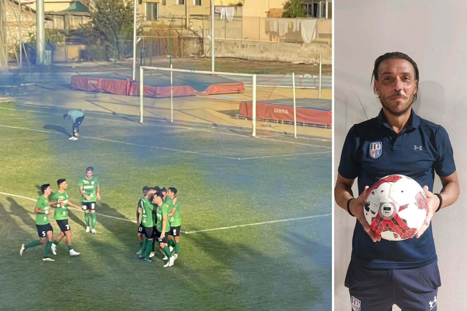 Mauro Ragatzu con il pallone della tripletta in Cus Cagliari-Monastir e l'esultanza per il secondo dei suoi tre gol di ieri (foto Asd Monastir)