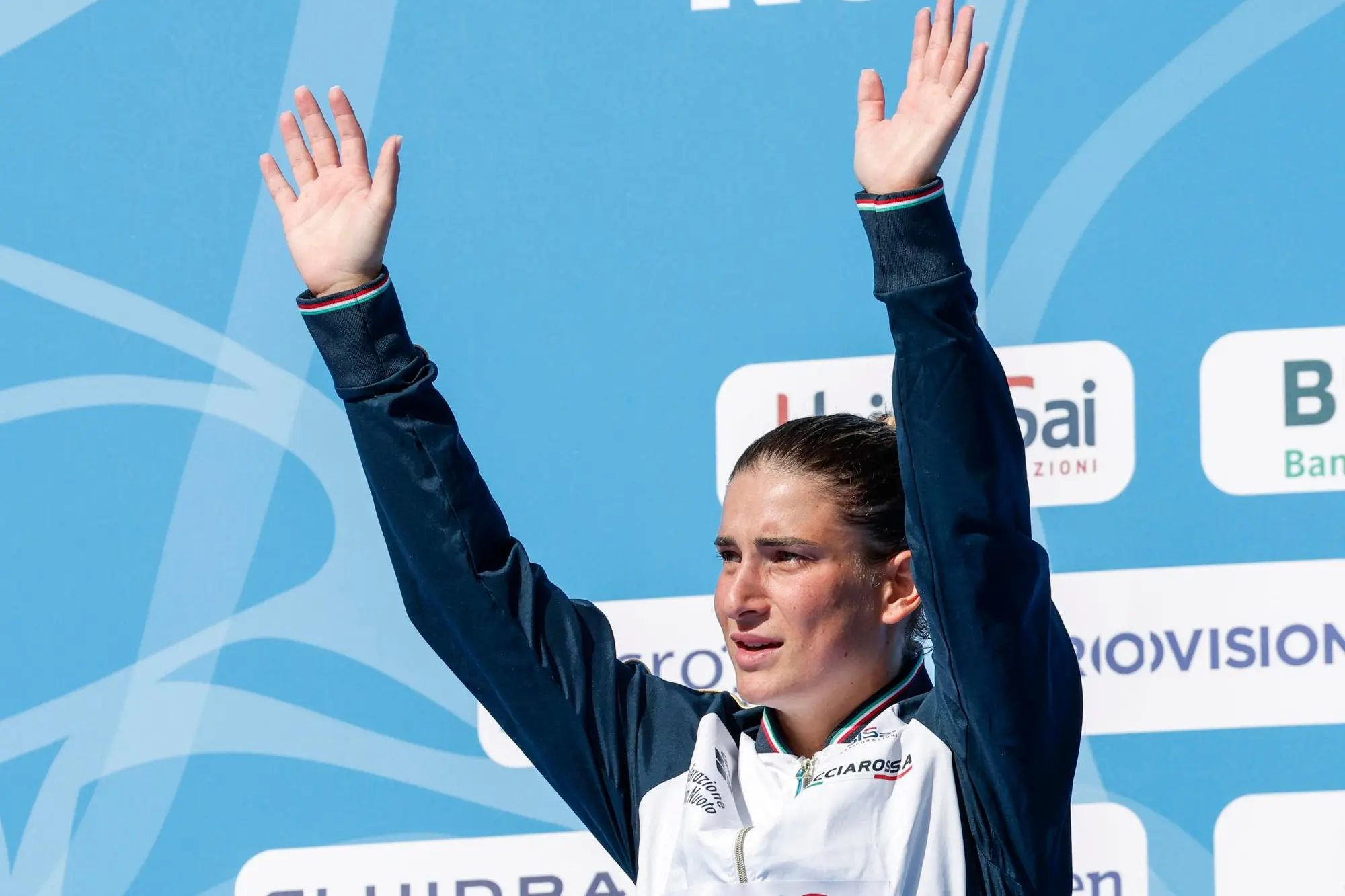 First placed Elena Bertocchi of Italy celebrates on the podium at the end of diving Women's 1m Springboard Final at the European Aquatics Championships Rome 2022, Italy, 16 August 2022. ANSA/GIUSEPPE LAMI