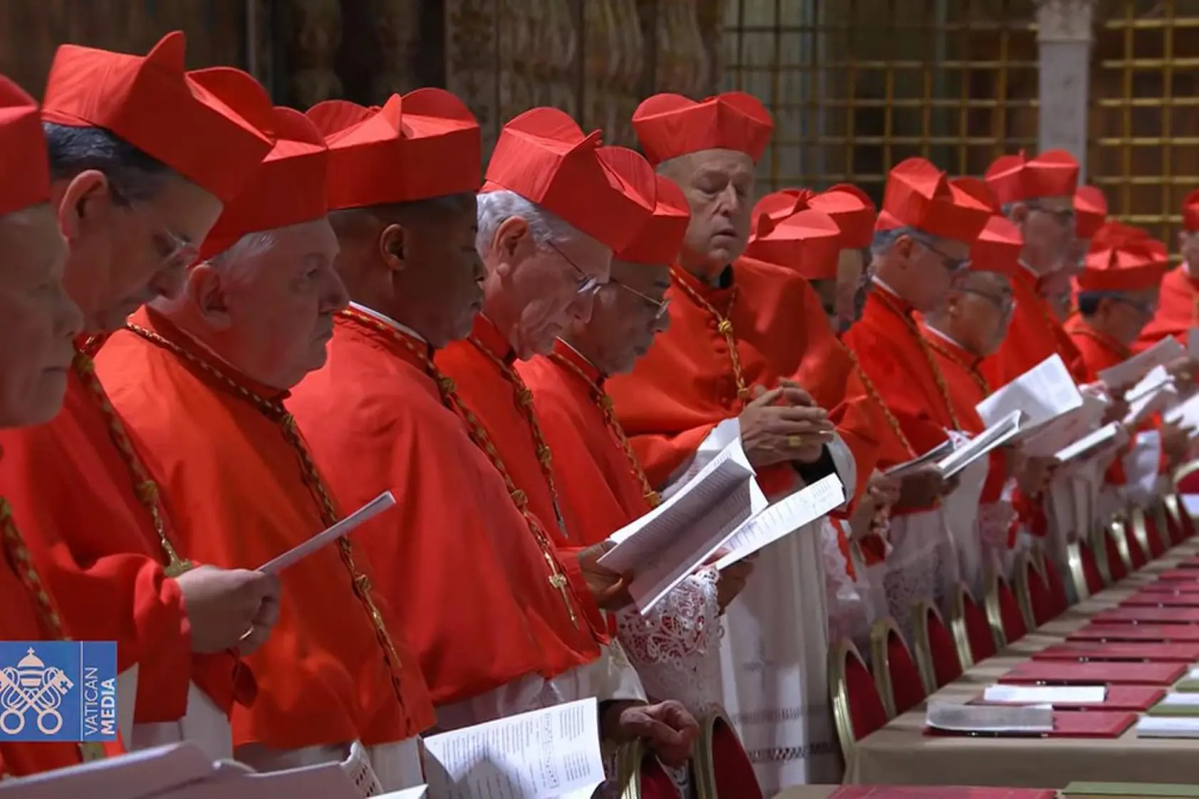 A frame from a video released by Vatican Media shows the cardinal electors praying in the Sistine Chapel where, after the Extra Omnes, the conclave for the election of the new Pope will begin. Vatican City, May 7, 2025. ANSA / VATICAN MEDIA HANDOUT