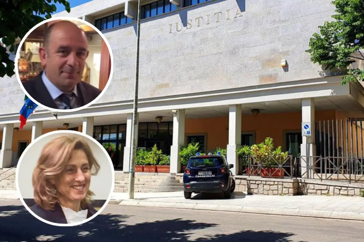 Il tribunale di Tempio e, nei tondi, Giovanni Satta e Rossana Allieri