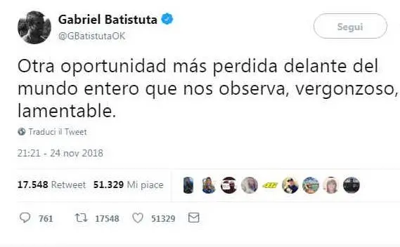 La reazione su Twitter dell'ex centravanti dell'Argentina, Gabriel Omar Batistuta