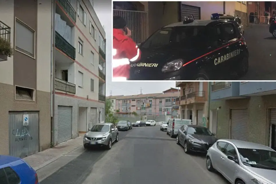 Via Montevecchio, a Cagliari; nel riquadro l'intervento dei carabinieri