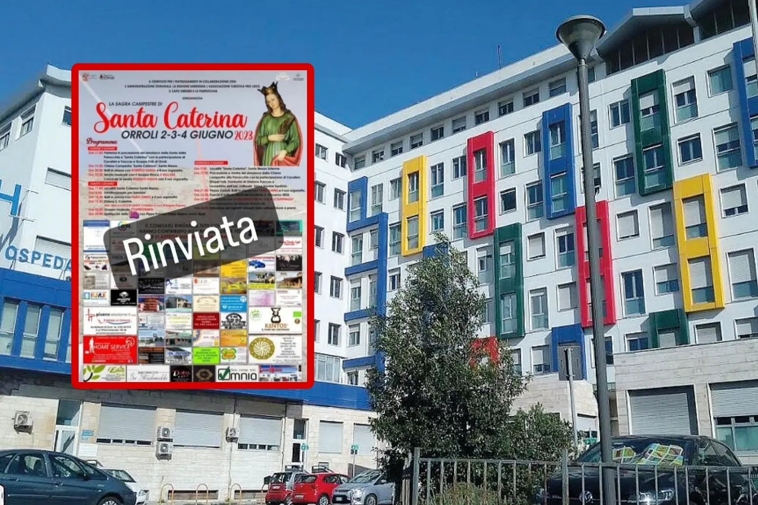 L'ospedale microcitemico di Cagliari e, nel riquadro, l'annuncio del rinvio della sagra