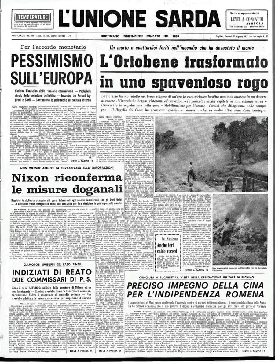 La prima pagina dell'Unione Sarda del 26 agosto 1971