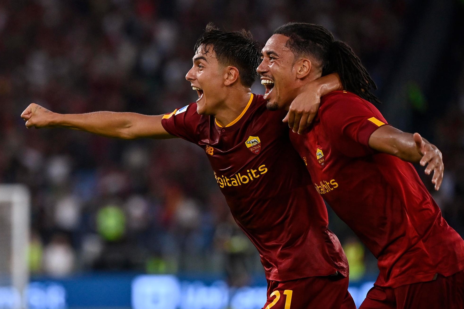 RomaÕs Chris Smalling (R) celebrates his goal with RomaÕs Paulo Dybala (L) during the Serie A soccer match between AS Roma and US Cremonese at the Olimpico stadium in Rome, Italy, 22 August 2022. ANSA/RICCARDO ANTIMIANI
