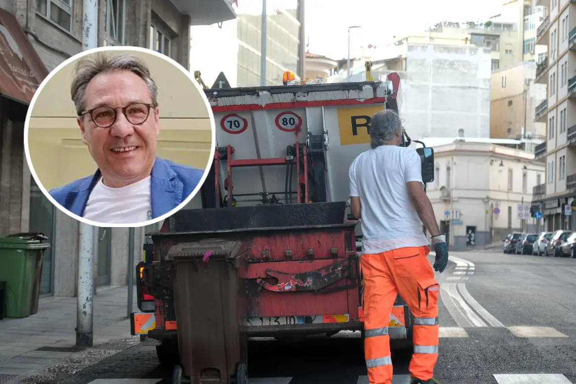 Un mezzo per la raccolta dei rifiuti e, nel tondo, Giuseppe Farris