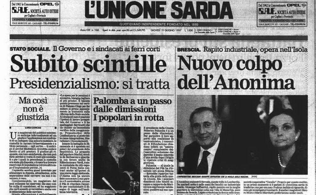 La notizia del rapimento di Giuseppe Soffiantini sulla prima pagina de L'Unione Sarda, il 19 giugno del 1997