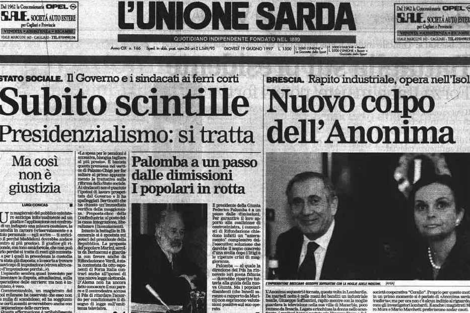 La notizia del rapimento di Giuseppe Soffiantini sulla prima pagina de L'Unione Sarda, il 19 giugno del 1997