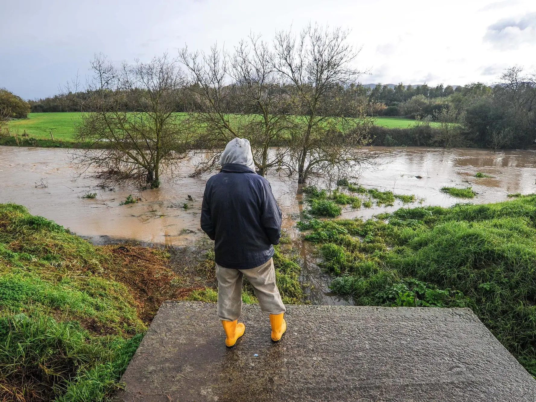 Volontari della Protezione civile impegnati nel monitoraggio del rio Cixerri a Siliqua (Foto Cucca)
