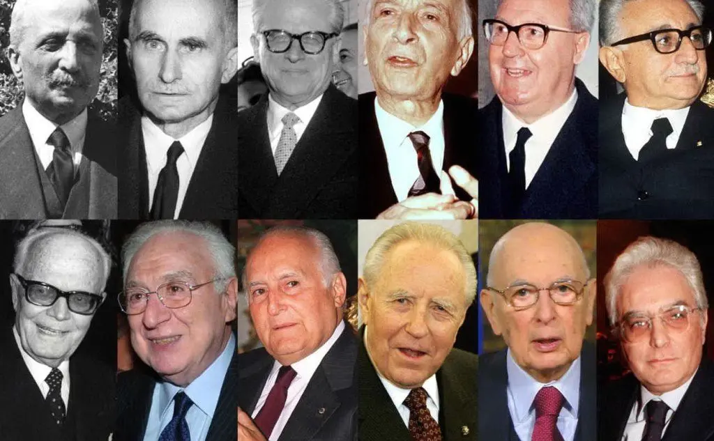 I presidenti della Repubblica italiana: da sinistra Enrico De Nicola, Luigi Einaudi, Giovanni Gronchi, Antonio Segni, Giuseppe Saragat, Giovanni Leone, da sinistra in basso Sandro Pertini, Francesco Cossiga, Oscar Luigi Scalfaro, Carlo Azeglio Ciampi, Giorgio Napolitano, Sergio Mattarella