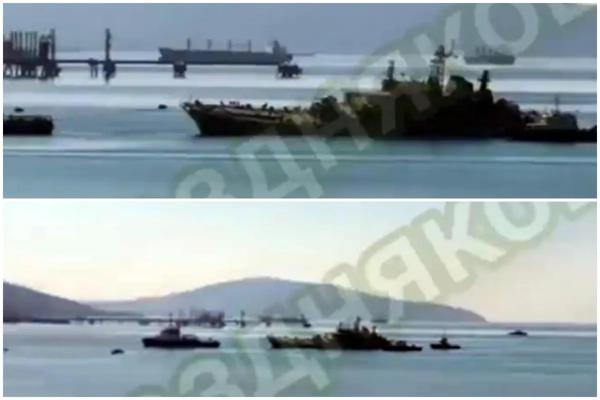 Alcune immagini da Twitter che mostrano la nave affondata in Crimea (foto via Ansa)