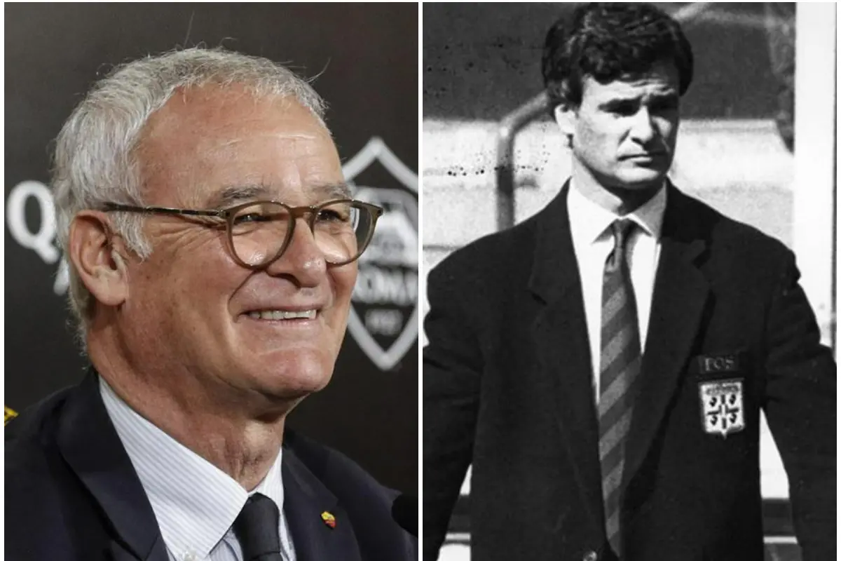 Claudio Ranieri oggi e nel 1990 (foto Ansa e Twitter)