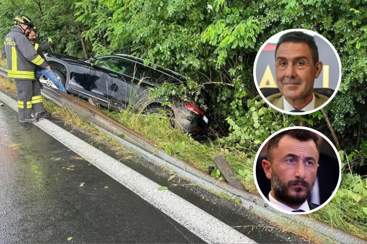 Il Suv dopo l'incidente e, dall'alto, Vannacci e Pozzolo