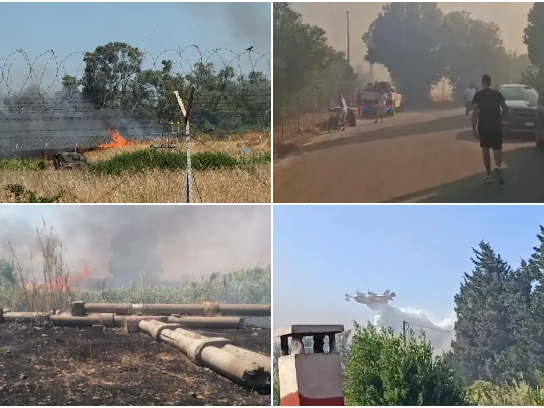 Sardinia continues to burn: a Canadair plane flying between San Sperate and Villasor, and flames at the military base in Decimomannu. Nelle foto gli incendi nella base militare di Decimomannu e a San Sperate