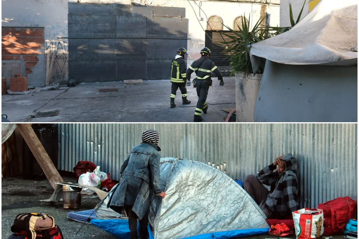 I Vigili del fuoco sul posto e il nuovo ghetto vicino alla struttura (foto Ungari)