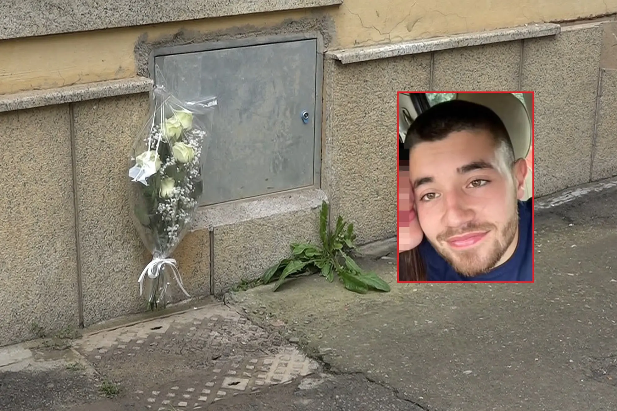 Un mazzo di fiori in via Santa Cecilia a Bari Sardo (foto Locci) e, nel riquadro, la vittima Marco Mameli