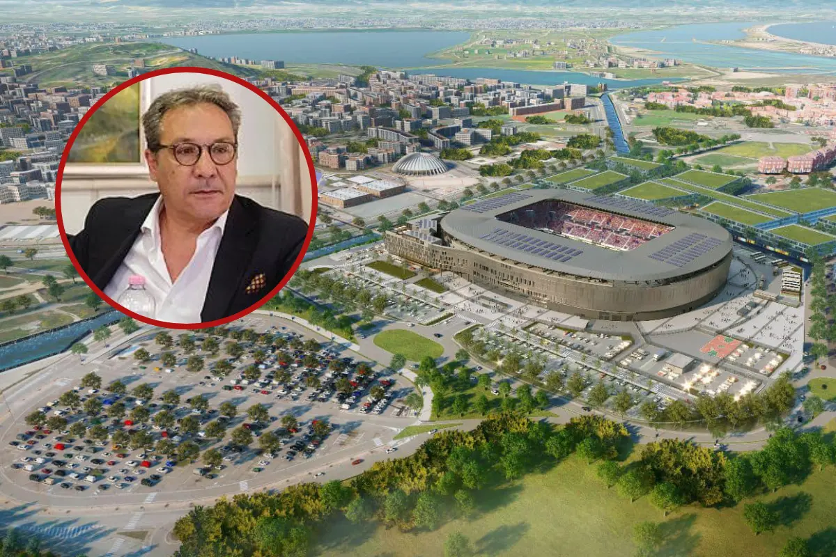 Il nuovo stadio e, nel riquadro, Giuseppe Farris