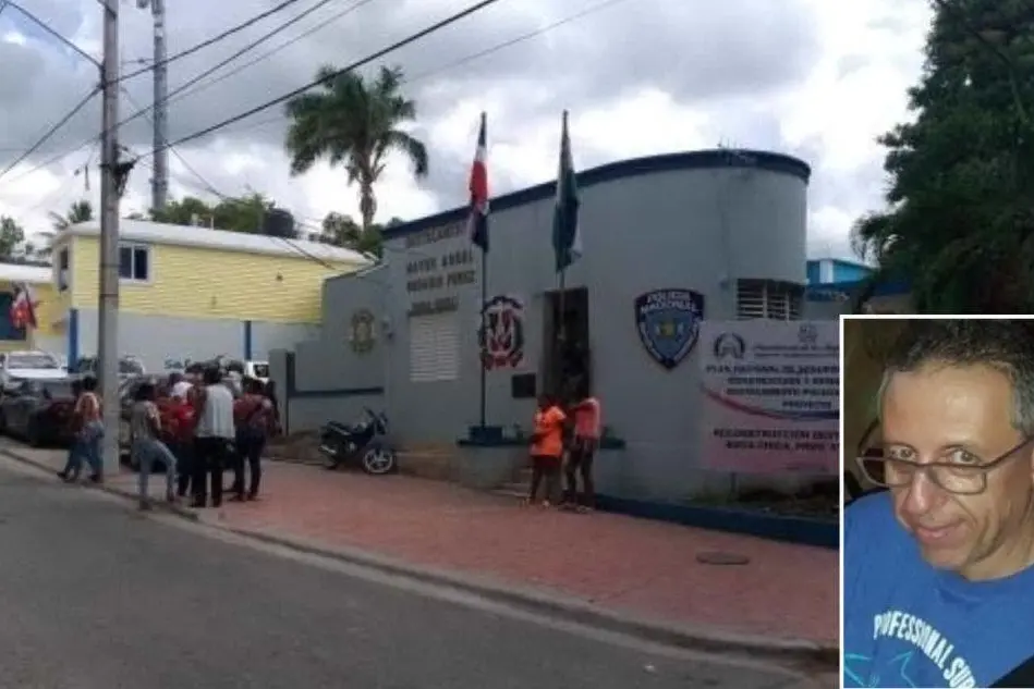 Il distaccamento di polizia di Boca Chica e, nel riquadro, l'imprenditore ucciso (foto L'Unione Sarda - Tellini)