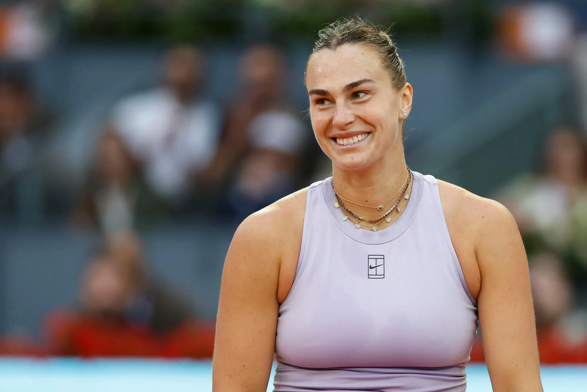 epa12071926 Aryna Sabalenka of Belarus reacts during the women's Singles final match against Coco Gauff of the USA at the Mutua Madrid Open, in Madrid, Spain, 03 May 2025. EPA/Chema Moya