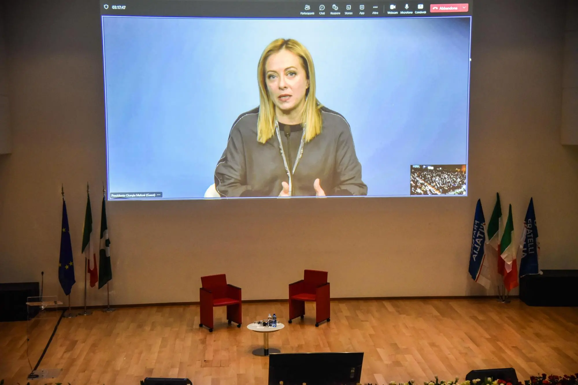 L’intervento in collegamento video della presidente del Consiglio, Giorgia Meloni, al convegno di Fratelli d’Italia (Ansa)