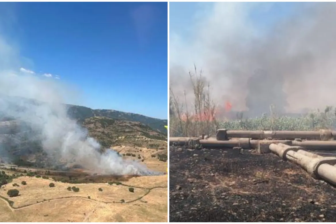 A sinistra l'incendio a Pattada, a destra le fiamme a San Sperate (foto Corpo Forestale)