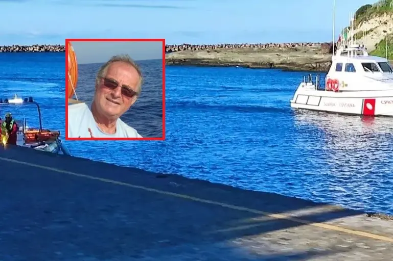 L'intervento della Guardia costiera (foto Ansa) e, nel riquadro, la vittima Doriano Belloni (foto Facebook)