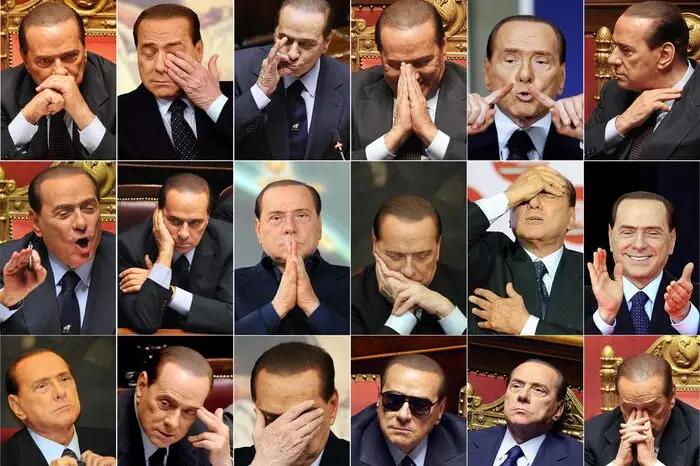 (FILES) This combination of 18 file pictures shows Italy's former leader Silvio Berlusconi gesturing in Rome. Silvio Berlusconi, the former prime minister who reshaped Italy's political and cultural landscape has died aged 86, his spokesman confirmed to AFP on June 12, 2023. (Photo by STAFF / AFP)
