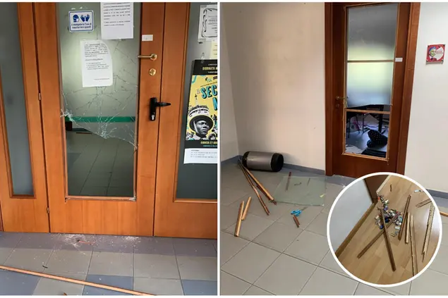 I danni nella sede Pd di via Emilia (foto L'Unione Sarda)