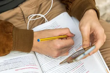 Studenti e studentesse in DAD sotto il MIUR provenienti da più di trenta scuole di Roma si sono riuniti con i loro cellulari, tablet e pc per svolgere lezione a distanza sotto il ministero dell'Istruzione, per protestare contro le problematiche della didattica a distanza, Roma, 4 novembre 2020. ANSA/Rete degli Studenti Medi - Roma e Lazio
