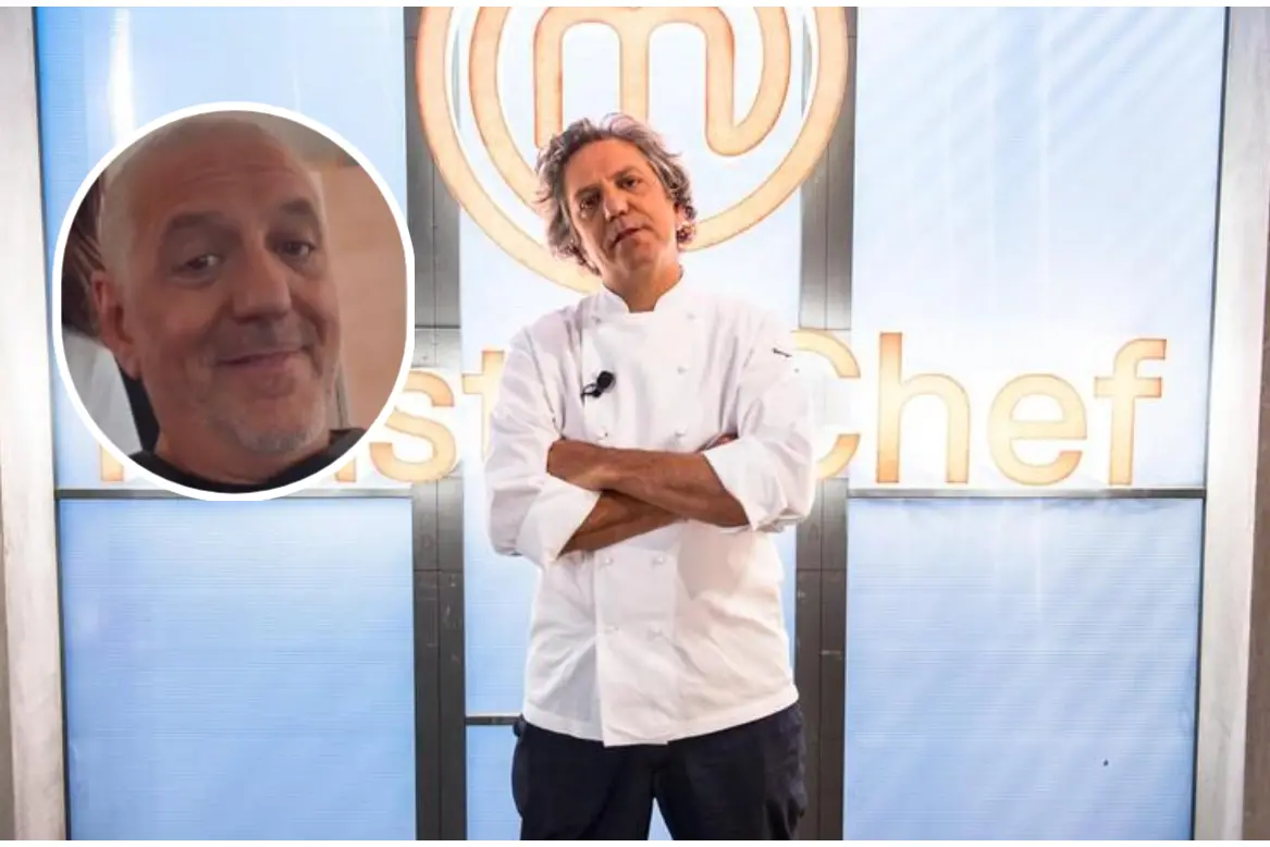 Giorgio Locatelli giudice di Masterchef (foto Masterchef via Ansa), nel riquadro il nuovo taglio (dai social)