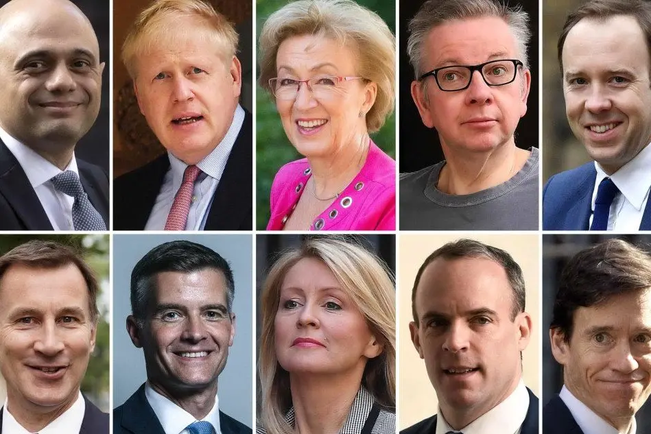 I candidati. In alto, da sinistra: Sajid Javid, Boris Johnson, Andrea Leadsom, Michael Gove, Matt Hancock. In basso, da sinistra: Jeremy Hunt, Mark Harper, Esther McVey, Dominic Raab, Rory Stewart (Ansa)