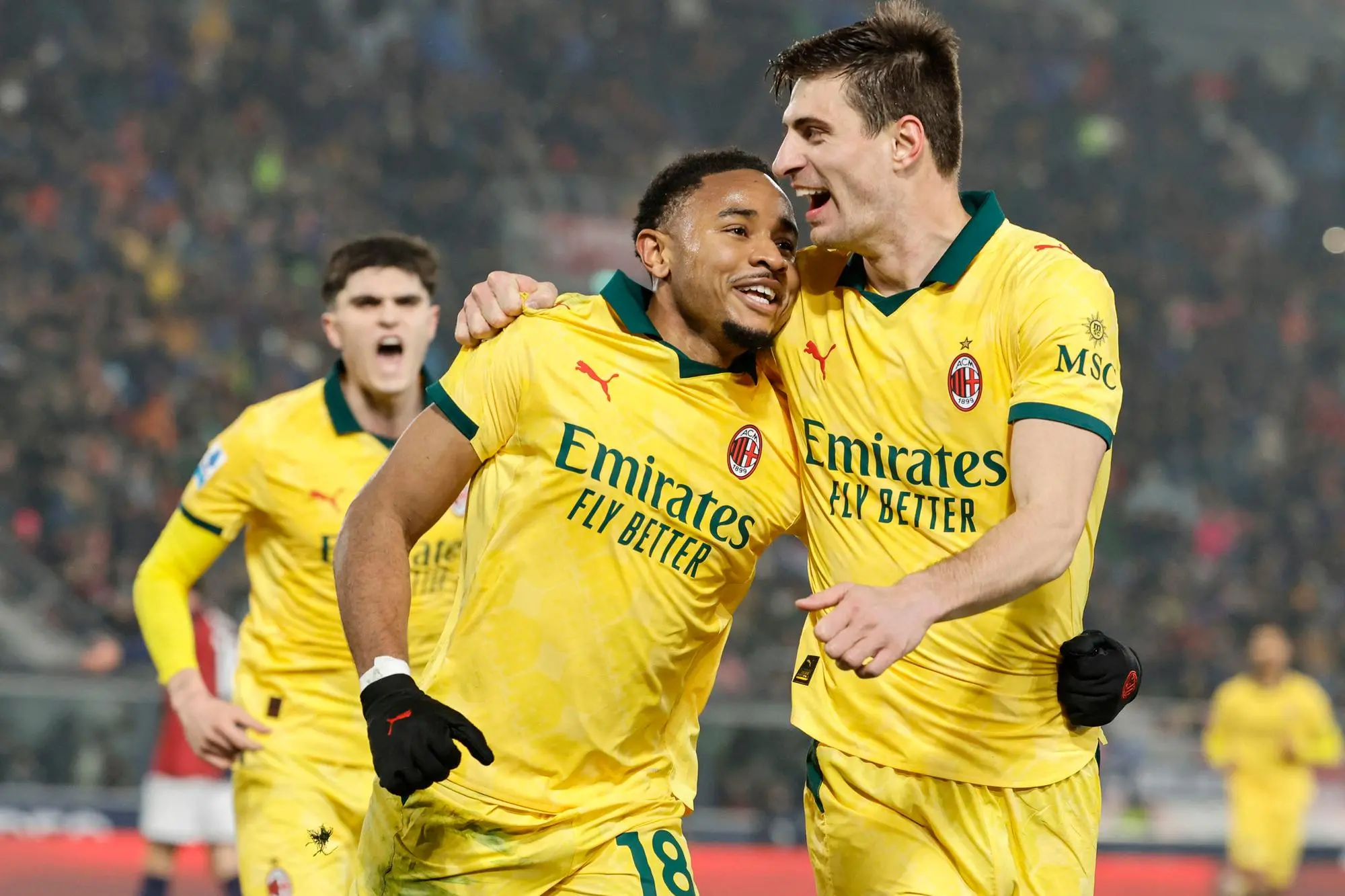 Milan's Christopher Nkunku jubilates with his teammates after scoring the goal during the Italian Serie A soccer match Bologna FC vs AC Milan at Renato Dall'Ara stadium in Bologna, Italy, 3 February 2026. ANSA /SERENA CAMPANINI