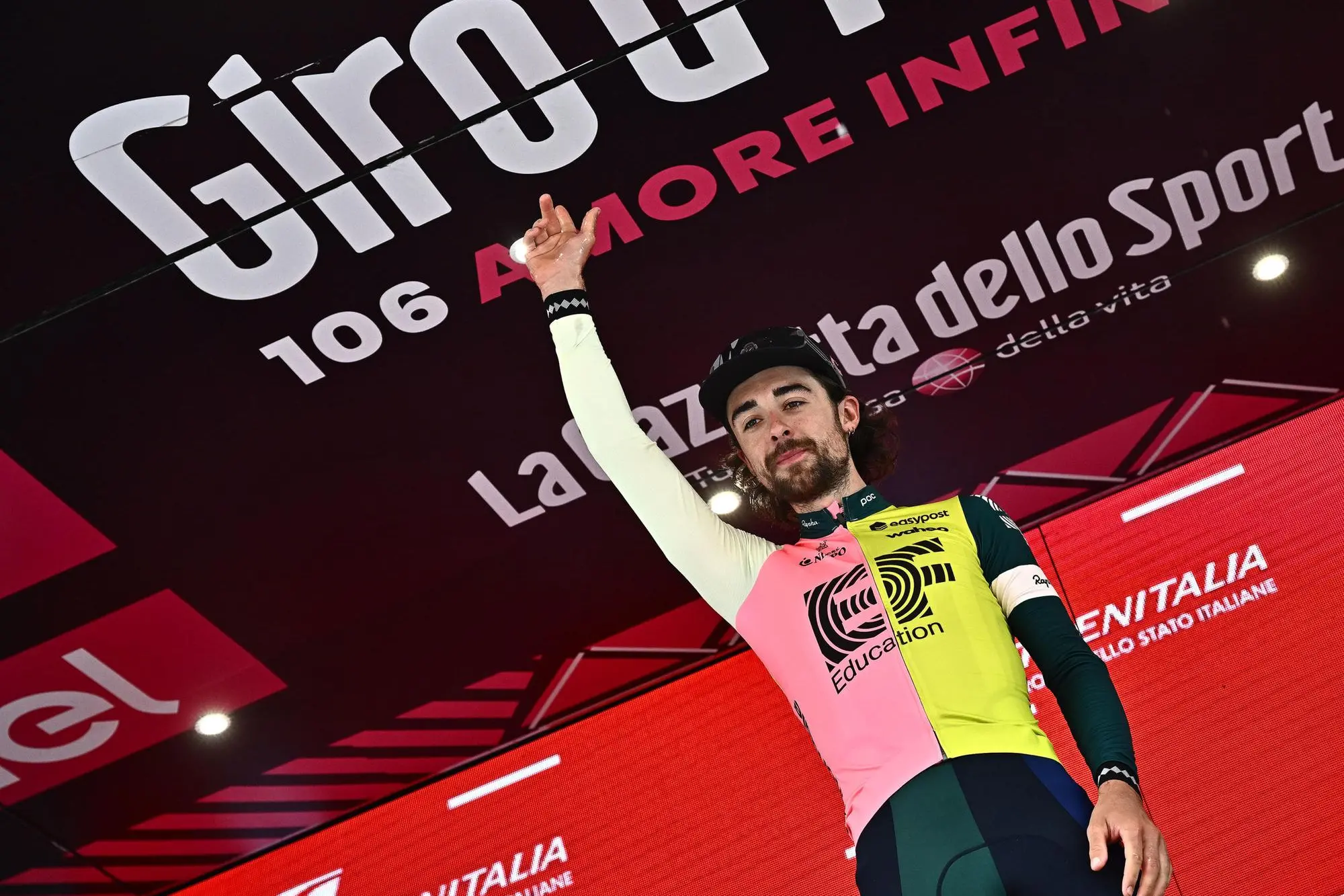 Irish rider Ben Healy of team Ef Education-Easypost celebrate on the podium afetr winnig the eighth stage of the 2023 Giro d'Italia cycling race over 207 km from Terni to Fossombrone, Italy, 13 May 2023. ANSA/LUCA ZENNARO