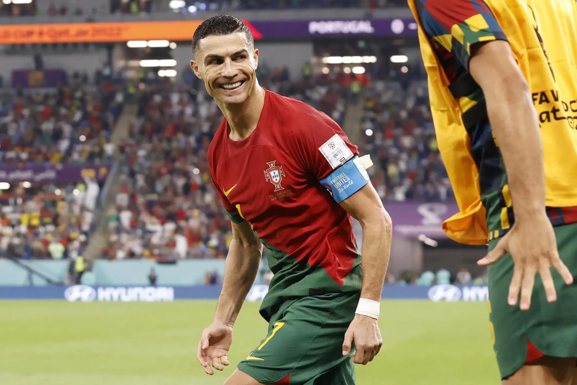 epa10325559 Cristiano Ronaldo of Portugal celebrates scoring the 1-0 by penalty during the FIFA World Cup 2022 group H soccer match between Portugal and Ghana at Stadium 947 in Doha, Qatar, 24 November 2022. EPA/Rolex dela Pena