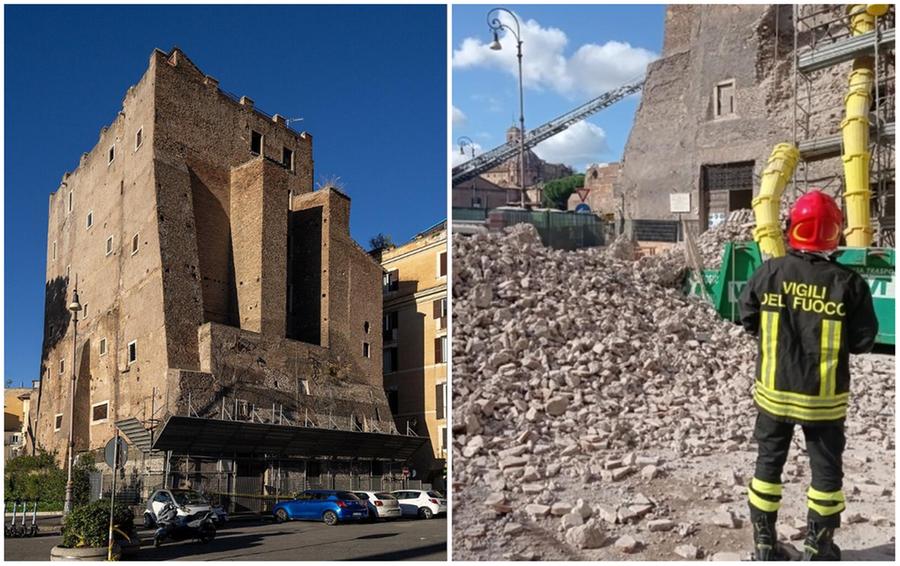 Roma, crolla parte della Torre dei Conti ai Fori imperiali: persone sotto le macerie, un ferito grave