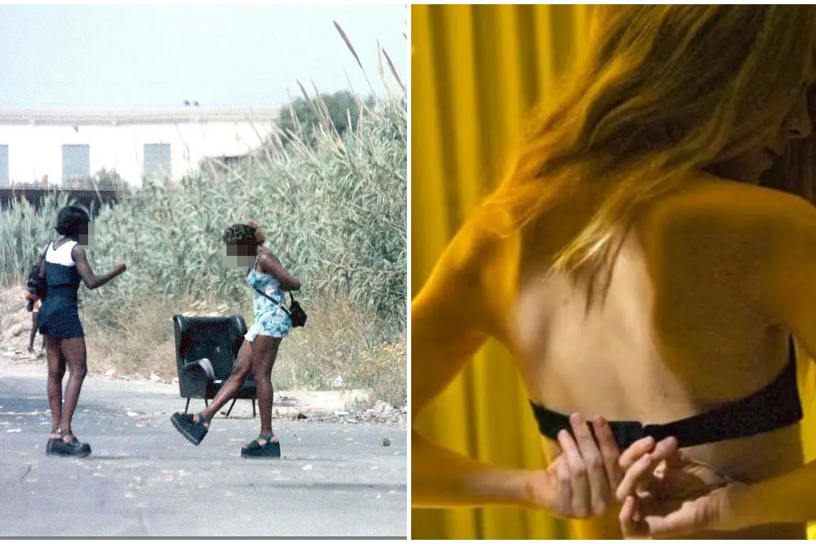 A sinistra prostitute in strada a Cagliari. A destra immagini da piattaforma online di sesso a pagamento.