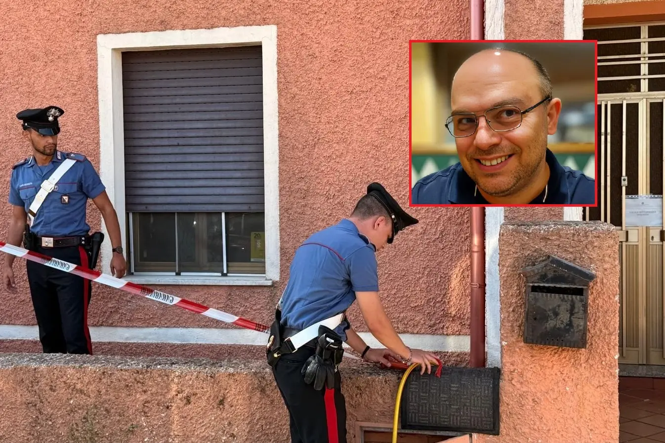 Polizia nella sede dell'associazione Intervol a Buddusò (foto Silvia Orrù) e, nel riquadro, la vittima Marco Pusceddu