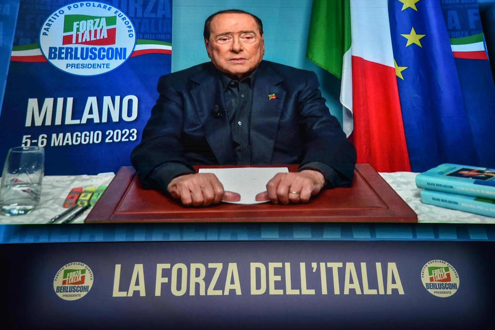 Il videomessaggio di Silvio Berlusconi alla convention di Forza Italia (Ansa)
