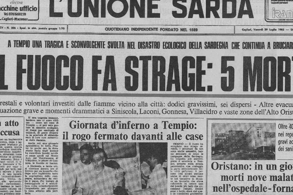 La prima pagina dell'Unione Sarda del 29 luglio 1983