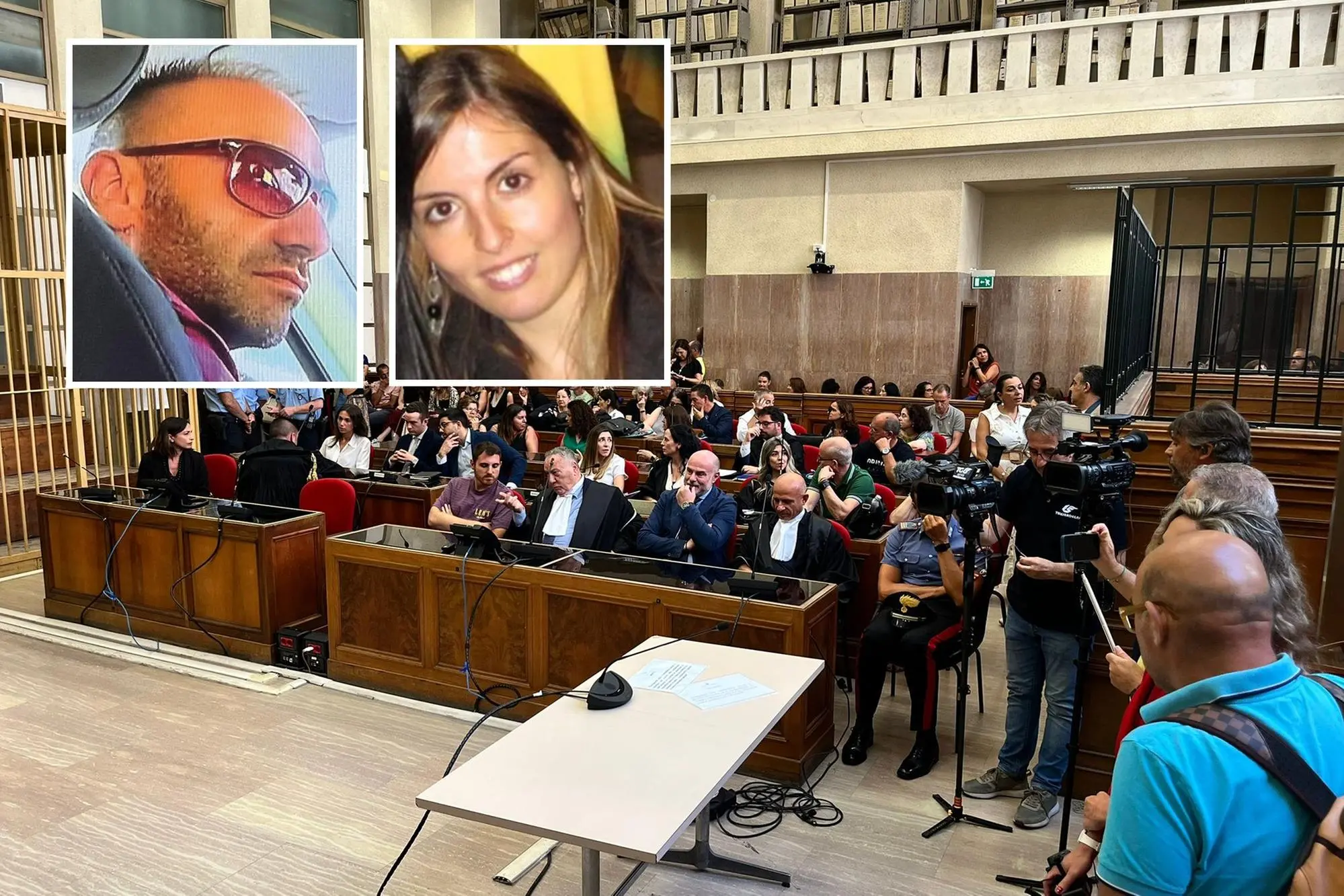 L'aula della Corte d'Assise e, nei riquadri, Igor Sollai e Francesca Deidda, la sua vittima (Foto: Pinna)