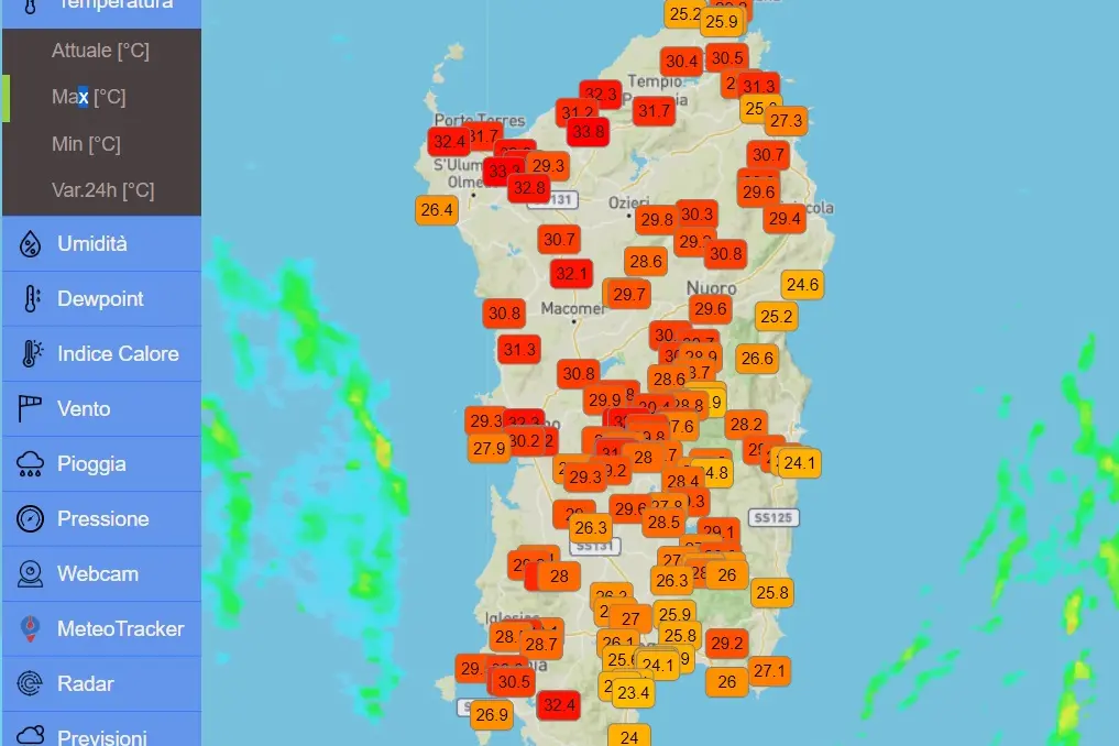Massime verso i 34 gradi in Sardegna (Mappa di Sardegna Clima)