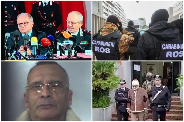 Da sinistra, in alto, in senso orario: il procuratore de Lucia e il generale Angelosanto; i carabinieri del Ros; l'arresto del boss e la sua fotosegnaletica (Ansa)