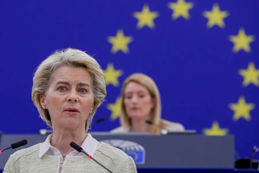 epaselect epa09925739 European Commission President Ursula von der Leyen (L) delivers a speech on the social and economic consequences of the Russian invasion of Ukraine for the European Union (EU), as European Parliament President Roberta Metsola (R) listens, at the European Parliament in Strasbourg, France, 04 May 2022. EPA/JULIEN WARNAND
