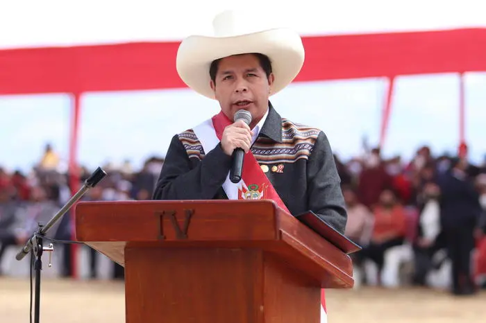 epa09377602 A handout photo made available by Peru's Presidency shows the recently invested President Pedro Castillo during a symbolic swearing-in ceremony to his position, in the Pampa de la Quinua, in Ayucucho, Peru, 29 July 2021. The President of Peru Pedro Castillo participated this 29 July as 'President of the Bicentennial' in a symbolic swearing-in ceremony in the Pampa de La Quinua, where the Battle of Ayacucho took place, which sealed Peruvian independence. EPA/Presidency of Peru HANDOUT ONLY AVAILABLE TO ILLUSTRATE THE ACCOMPANYING NEWS (MANDATORY CREDIT) HANDOUT EDITORIAL USE ONLY/NO SALES